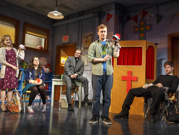 Geneva Carr, Sarah Stiles, Marc Kudisch, Steven Boyer and Michael Oberholtzer in Hand to God. Photo Credit: Joan Marcus/Broadway.com