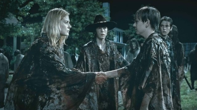 Alexandra Breckenridge, Chandler Riggs, Austin Abrams and Major Dodson in The Walking Dead episode "No Way Out." Photo Credit: AMC