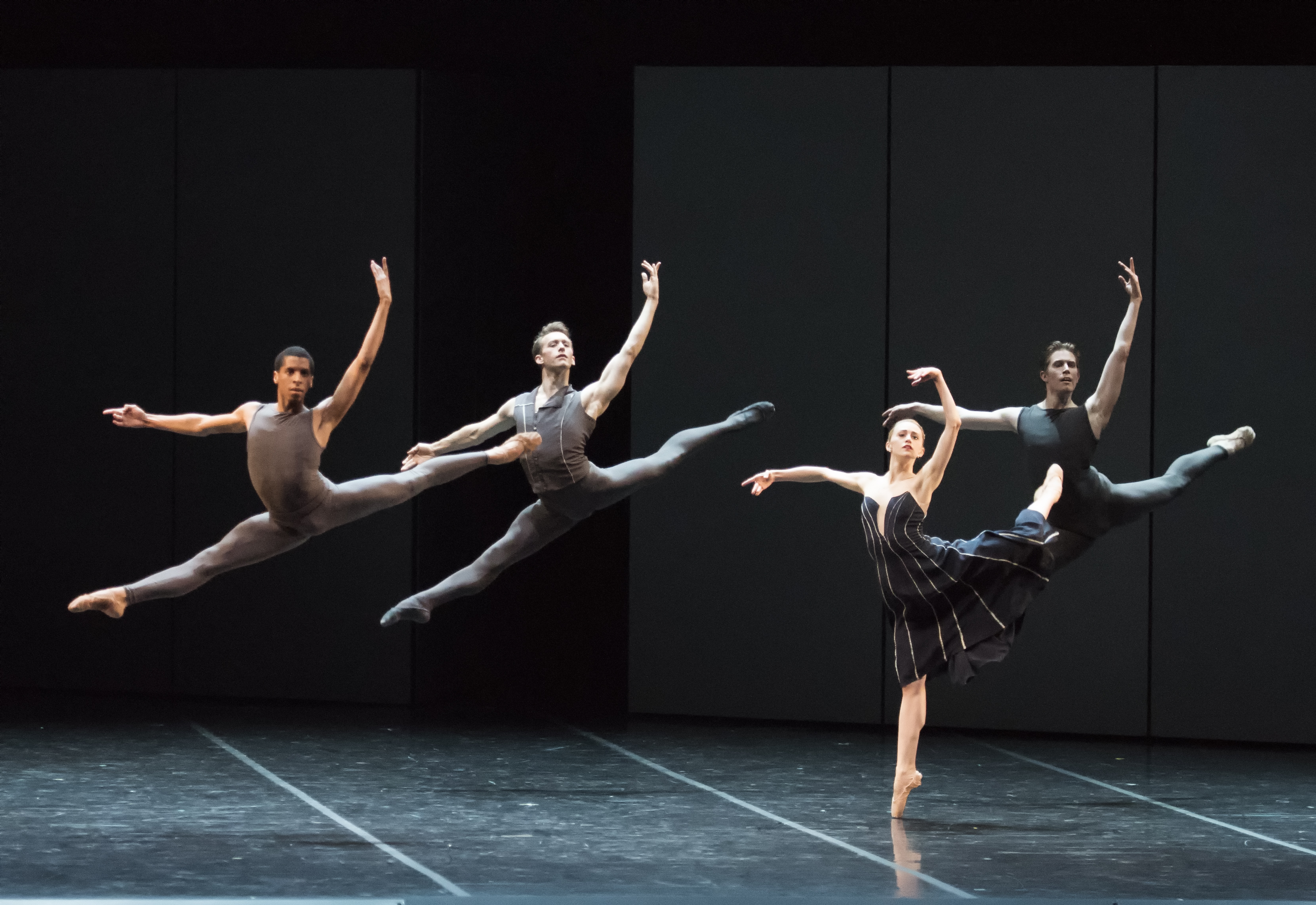 Lawrence Rines, Patrick Yocum, Dusty Button, and Bo Busby of Boston Ballet in José Martinez's Resonance. Photo Credit: Gene Schiavone; Courtesy of Boston Ballet